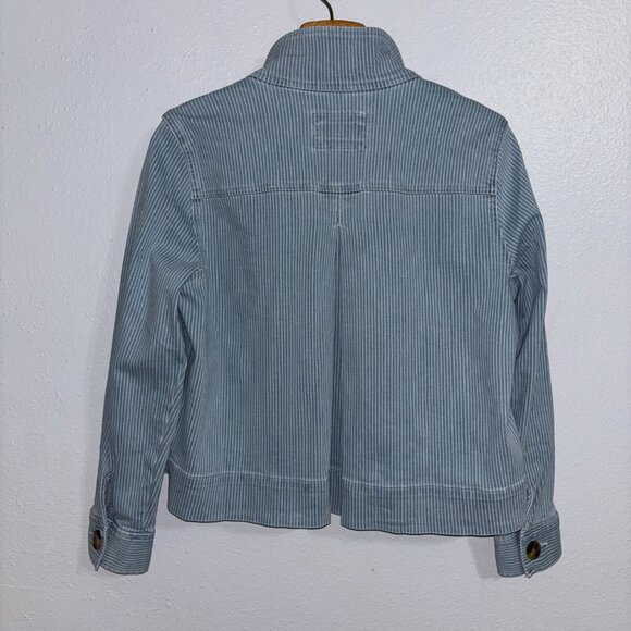 LOFT NWT Striped Denim Jean Jacket Medium Blue White Utility Button Front - Picture 5 of 14